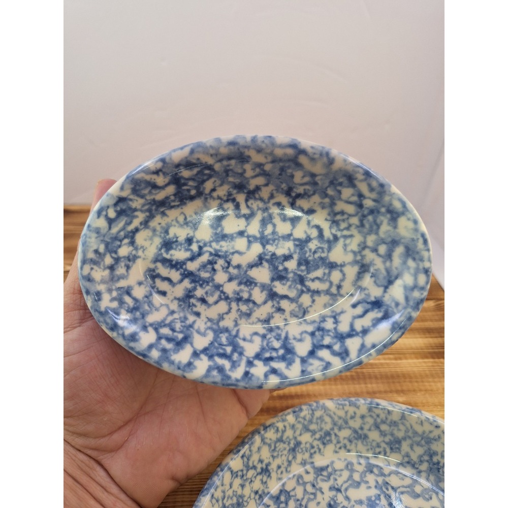 x2 Bel-Terr China BTC USA Blue Spongeware Pottery Circle 92187 Oval 9700 Lot Set - Picture 4 of 10